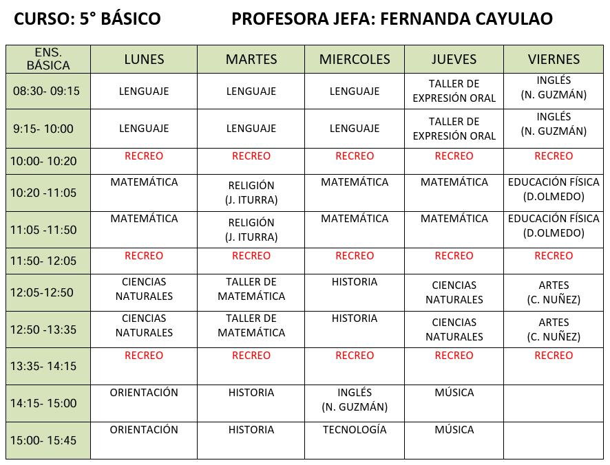 Horario quinto basico