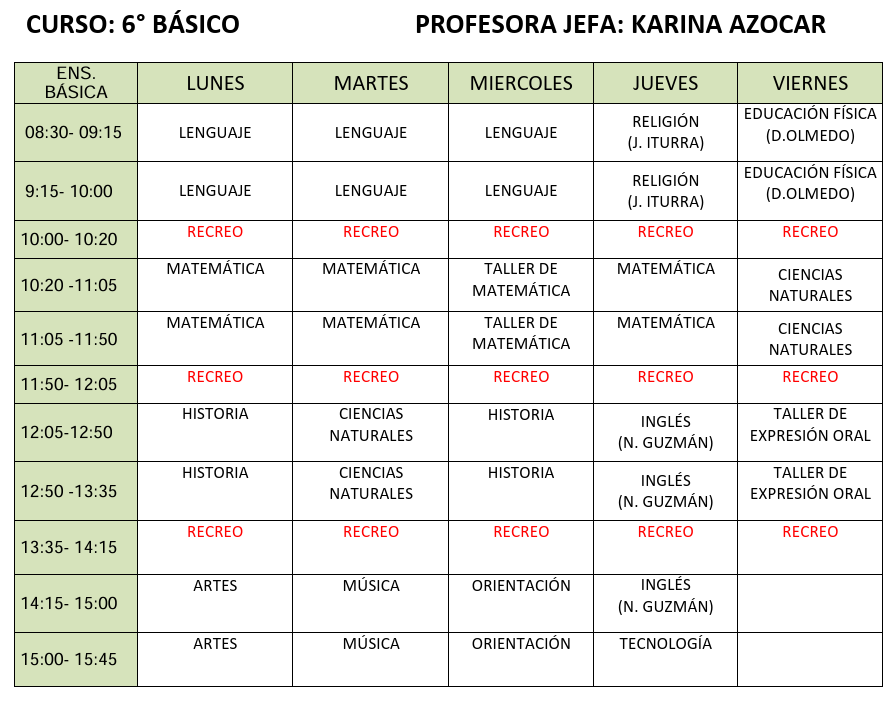 Horario sexto basico
